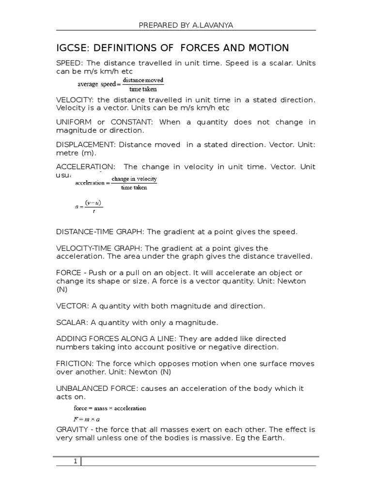 IGCSE Forces and Motion Definitions | PDF | Orbit | Acceleration
