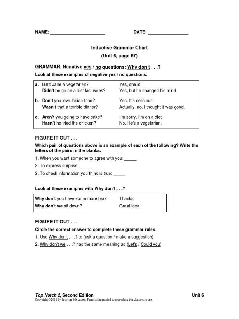 Top Notch 2 Grammar Chart Unit 6 PDF Question