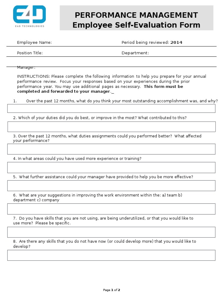 Employee Self-Evaluation Form Guide | PDF | Interpersonal Relationships ...