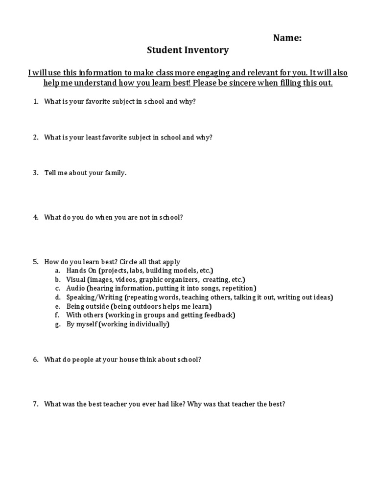 Student Learning Inventory Form | PDF
