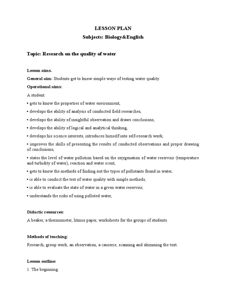 Quality of Water Lesson Plan | PDF | Water Quality | Water