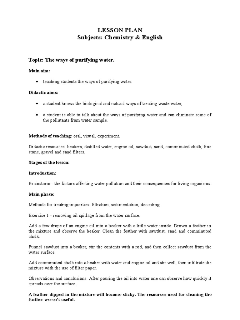The Ways of Purifying Water Lesson Plan PDF Sewage Treatment