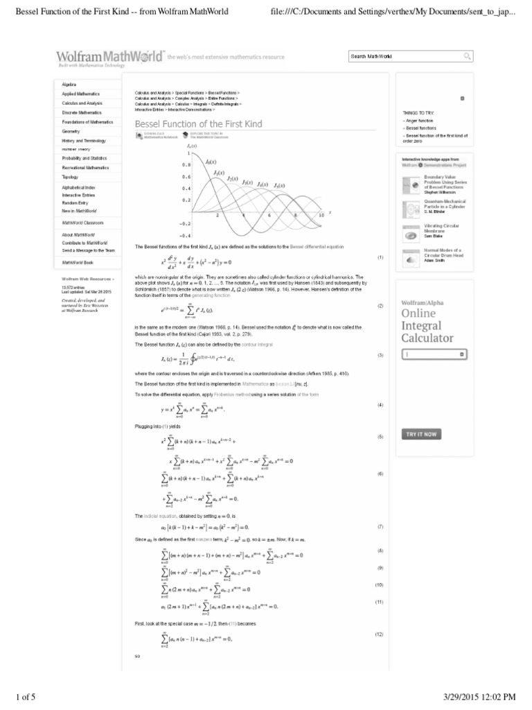 Bessel Function of The First Kind - From Wolfram MathWorld | PDF ...