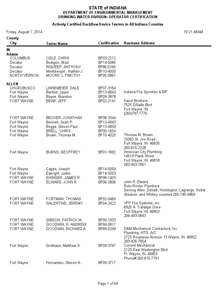 Certification Backflow Testers Indiana PDF