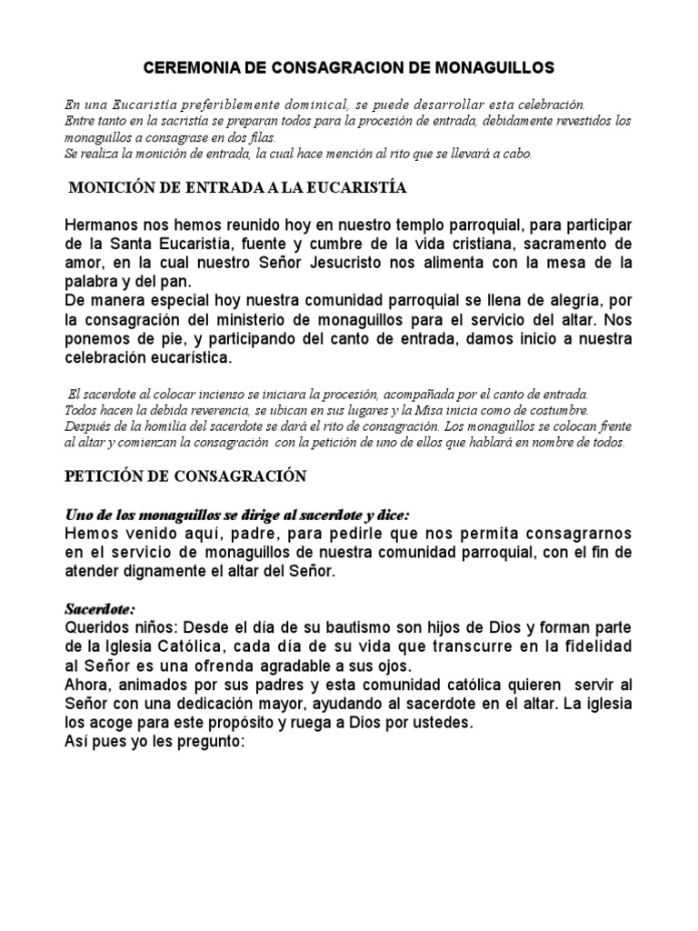 Consagracion De Monaguillos Jenner Pdf Misa Liturgia Eucaristía