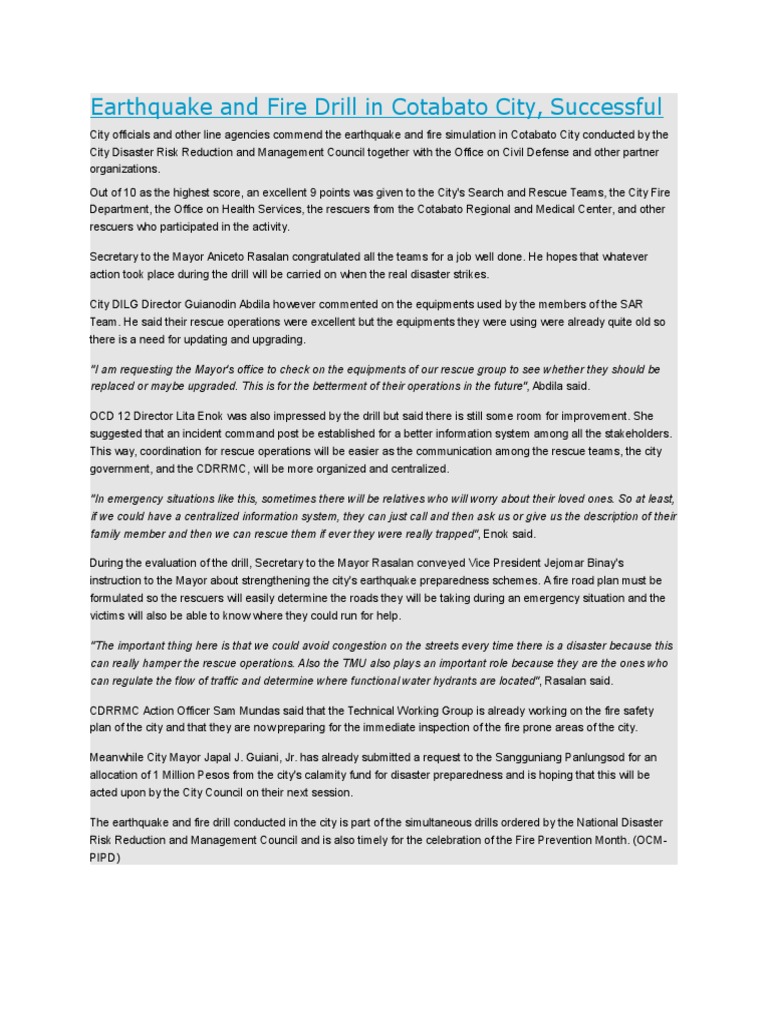 Earthquake and Fire Drill in Cotabato City | PDF | Emergency Management ...