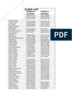 Class List: Name of The Student Mother's Number Father's Number