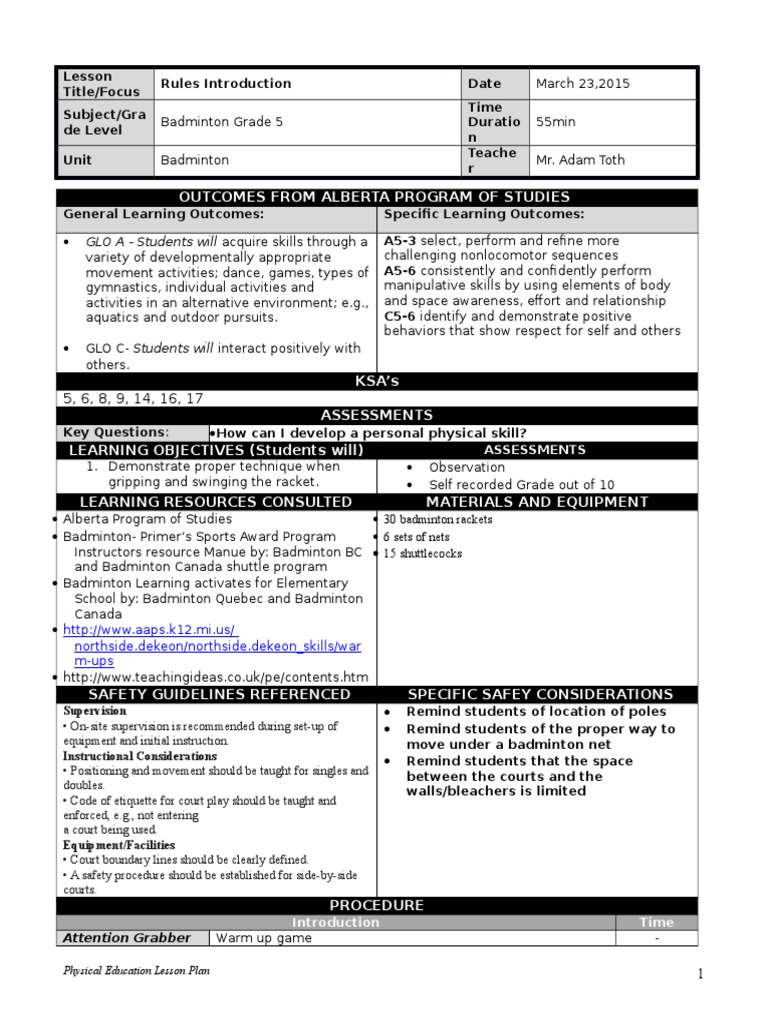 grade 5 badminton lesson 1 Lesson Plan Physical Education