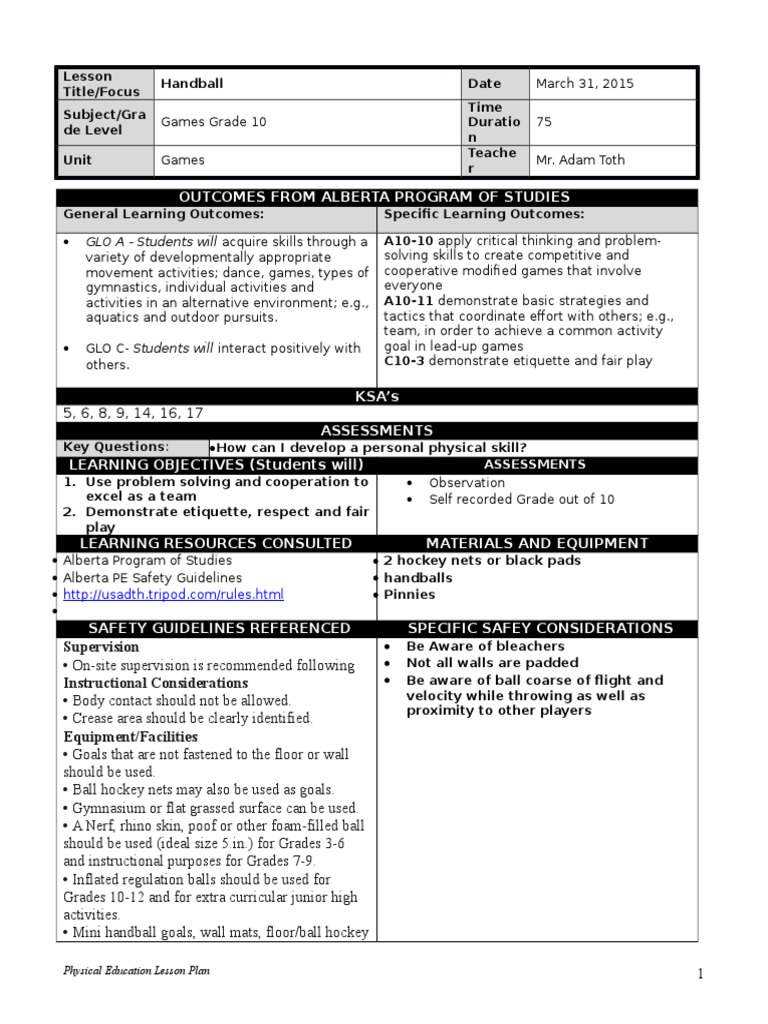handball template Physical Education Lesson Plan