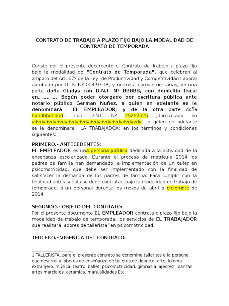 1. Contrato de Trabajo a Plazo Fijo Bajo La Modalidad de