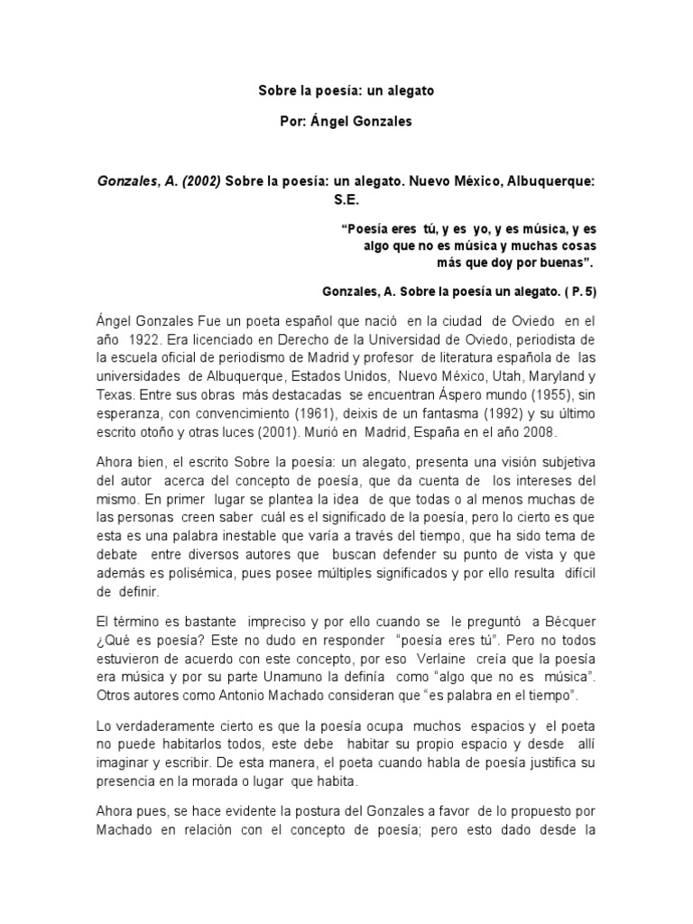 Reseña Sobre La Poesía Un Alegatom | Poesía | Autor | Prueba gratuita