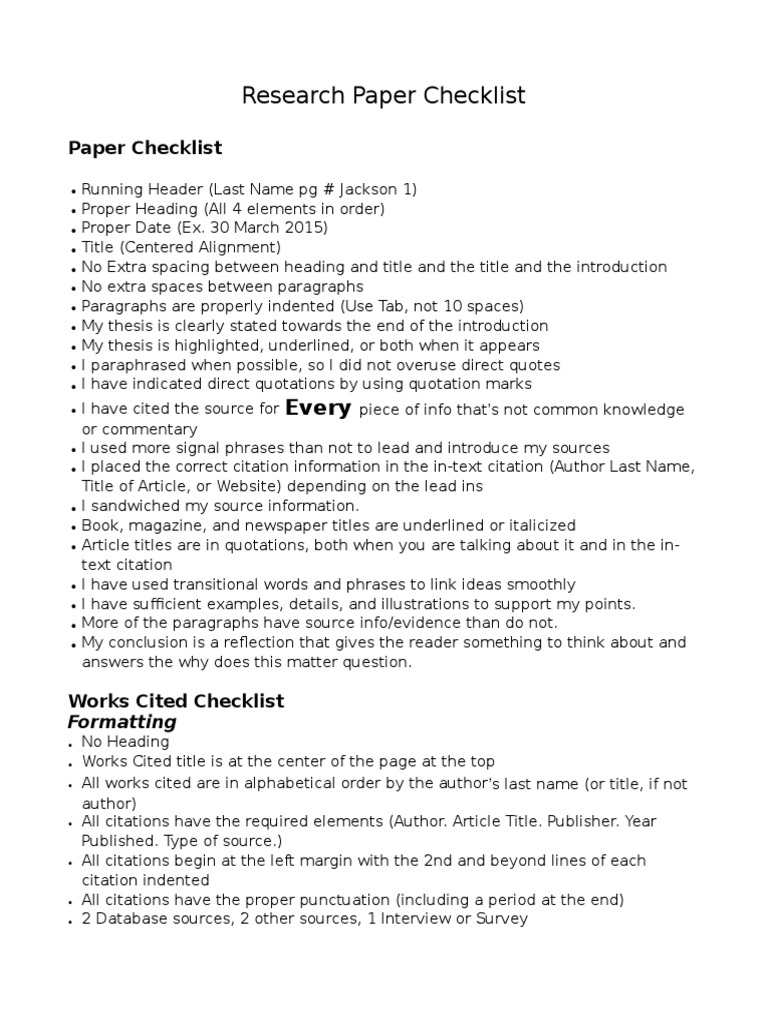 mla format research paper checklist
