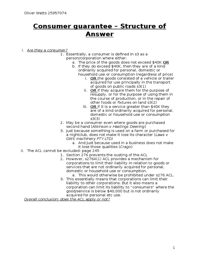 Consumer Guarantee and ACL Guide | PDF | Contractual Term | Law Of ...