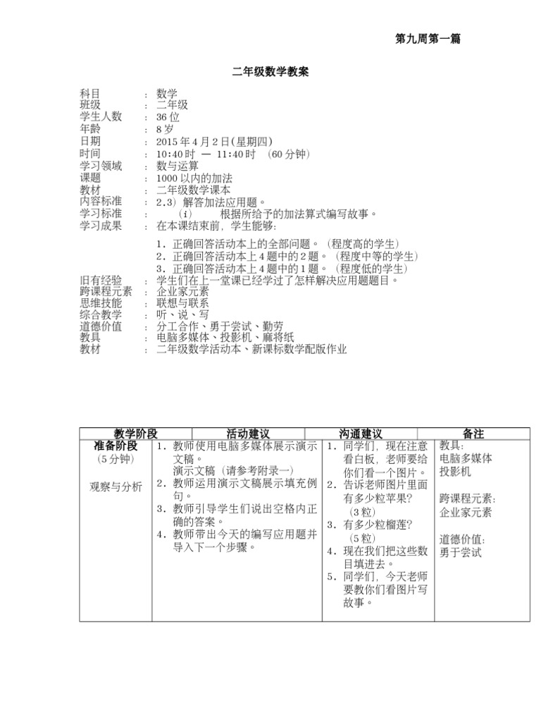 二年级数学教案 Pdf
