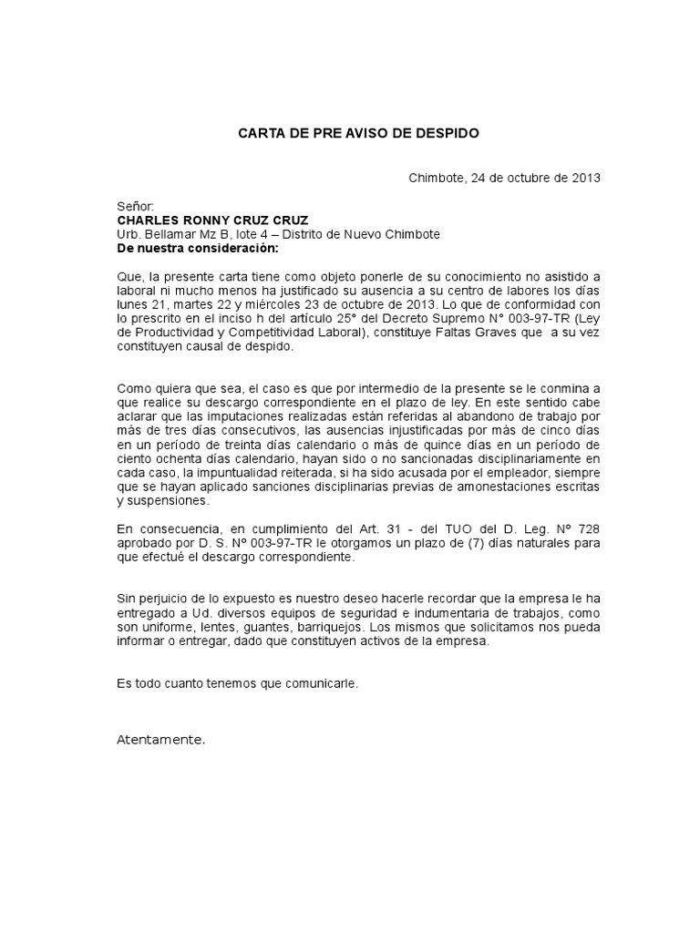 Modelo de Carta Despido  Servi Vega  Caso Naum Laboral