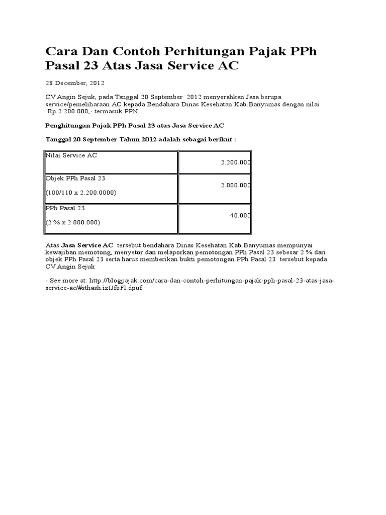 Cara Dan Contoh Perhitungan Pajak PPh Pasal 23 Atas Jasa