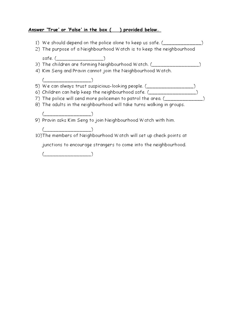 Neighborhood Watch True/False Worksheet | PDF | Games & Activities ...