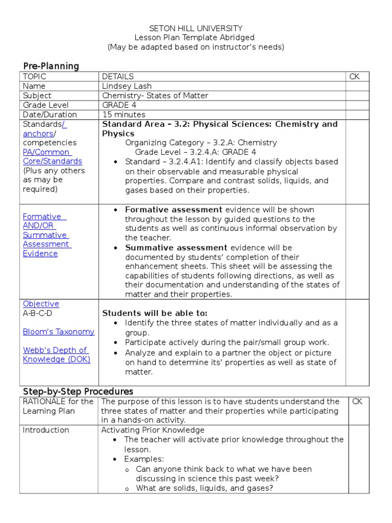 States Of Matter Lesson Educational Assessment Applied Psychology
