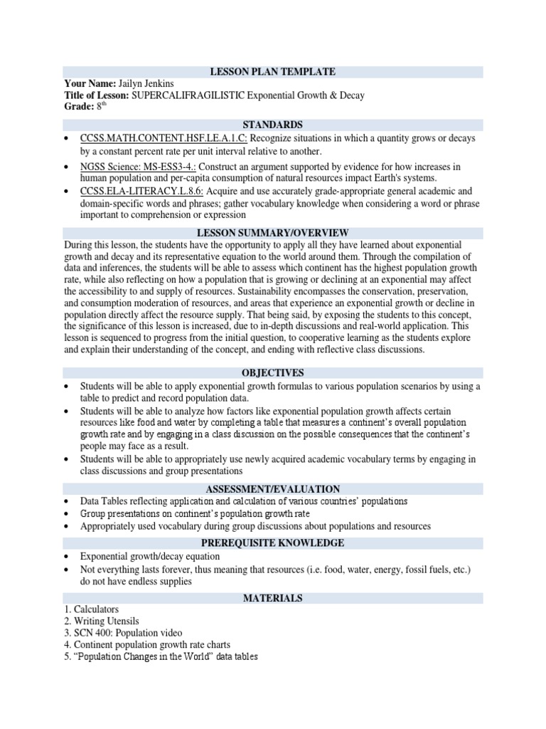 Lesson Plan Template Your Name: Jailyn Jenkins Title of Lesson ...