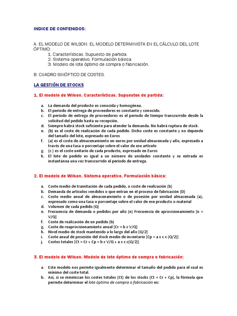 Modelo de Wilson en Gestión de Stocks | PDF