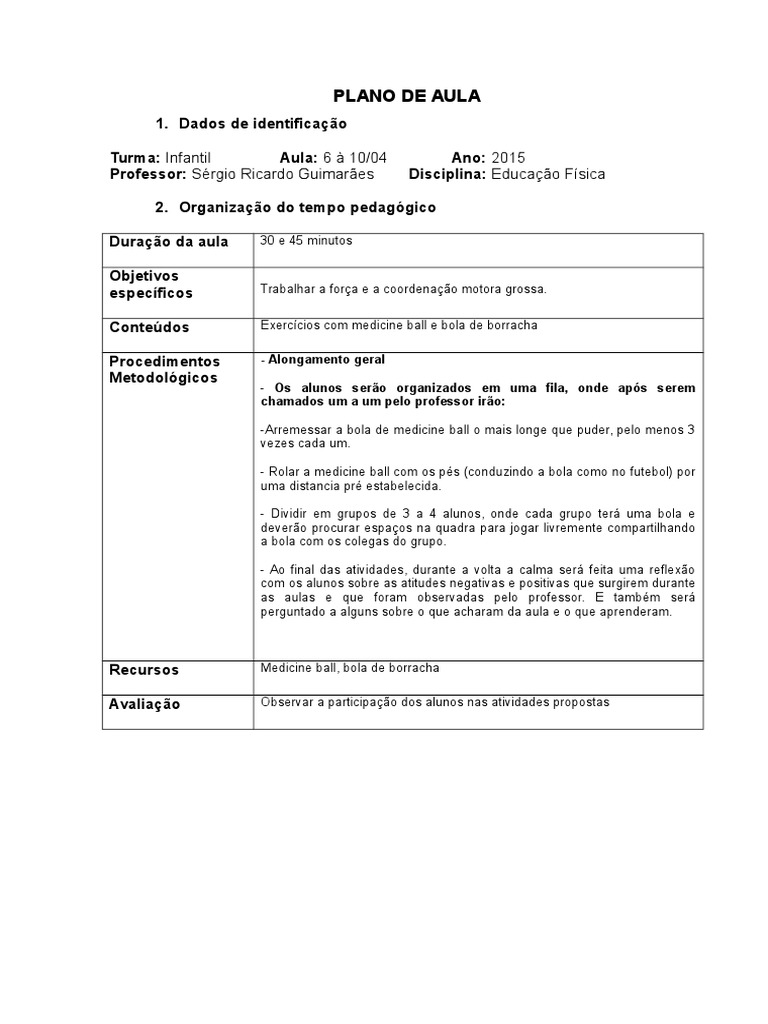 Plano de Aula: Educação Física Infantil | PDF | Carreira e Crescimento