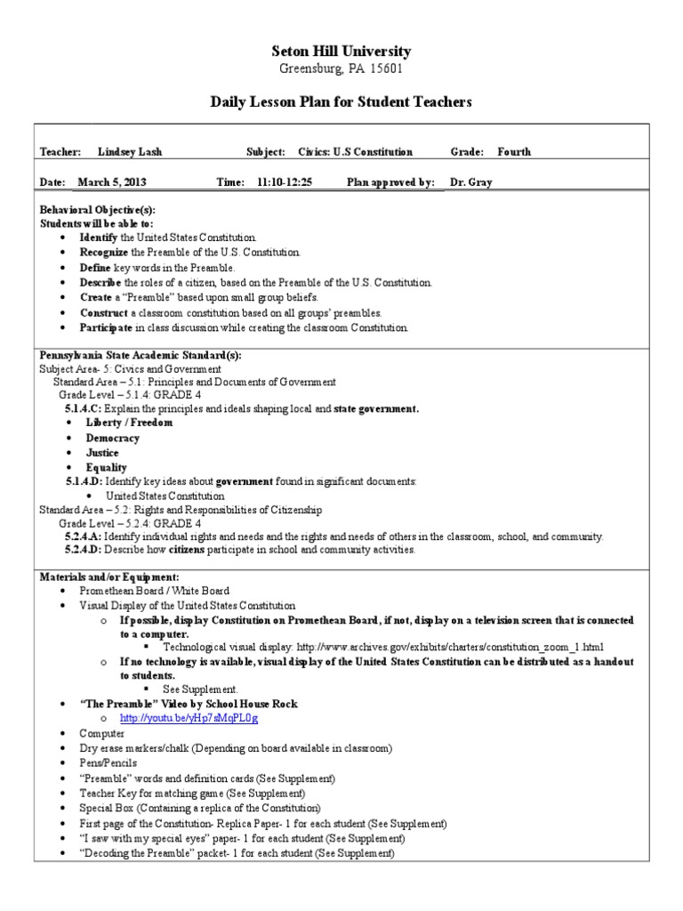 Constitution Lesson Plan | PDF | Classroom | United States Constitution