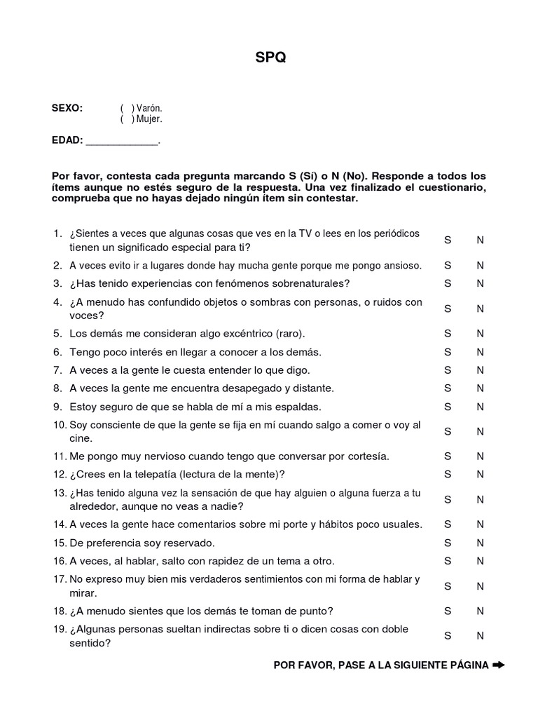 Cuestionario de Personalidad Esquizotípica (SPQ) | PDF