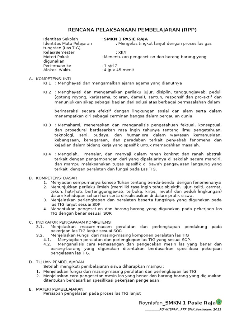 RPP Teknik Pengelasan TIG docx RPP Teknik Pengelasan TIG docx
