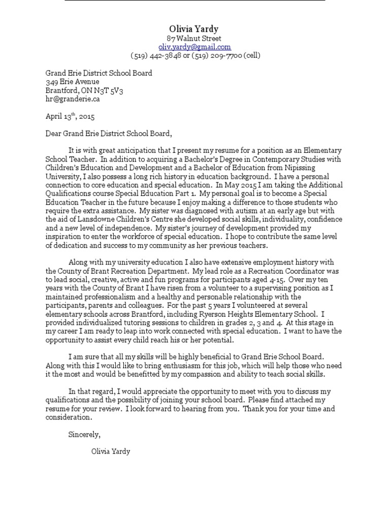 Grand Erie District School Board Cover Letter April 2015 Word Special Education Volunteering