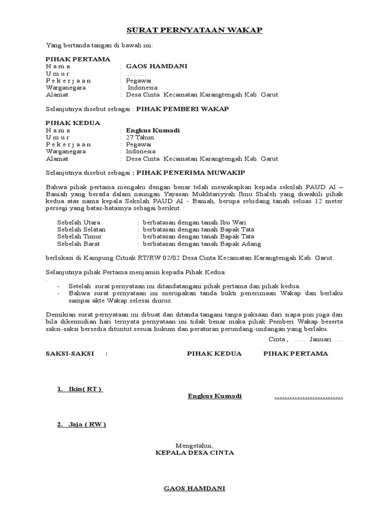 Surat Pernyataan Wakap 2 atau 3 tahun kemudian oleh yayasan mengajar lagi di TK.