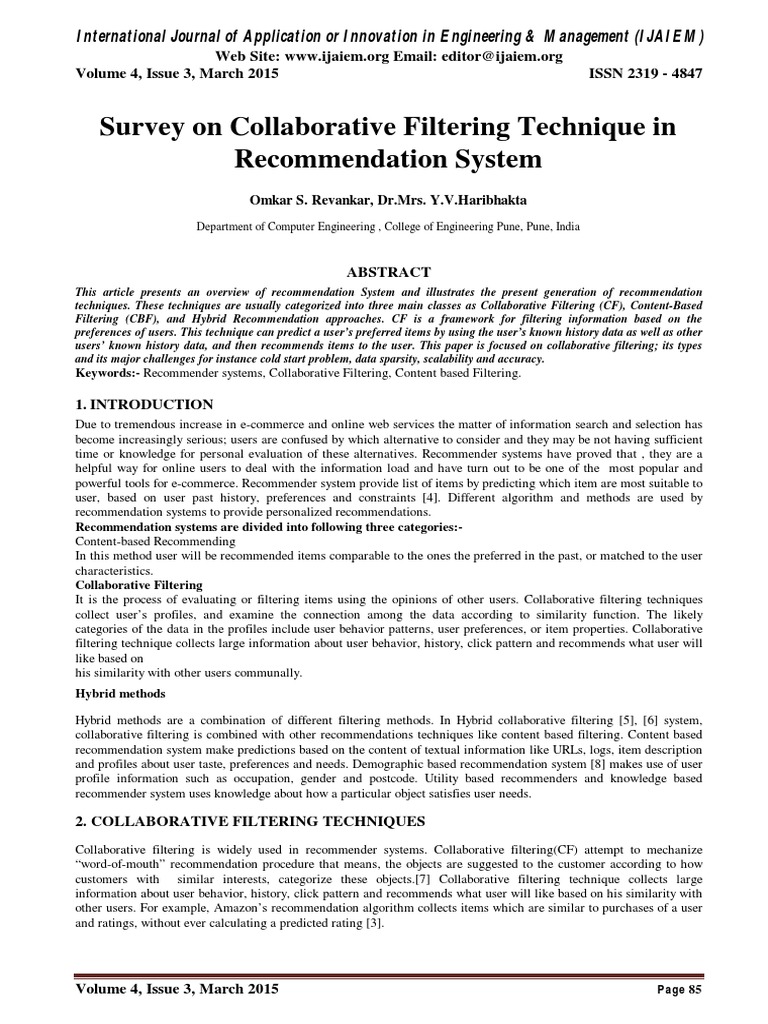 Survey of Collaborative Filtering Techniques | PDF