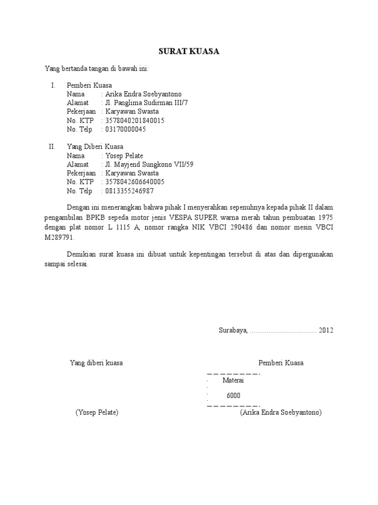 Contoh Surat Kuasa Pengambilan Bpkb Sepeda Motor Pdf