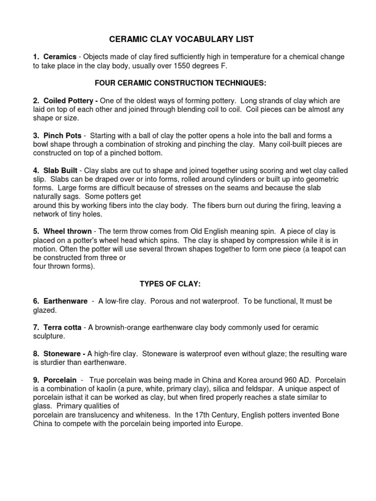 Ceramic Vocabulary List Porcelain Pottery