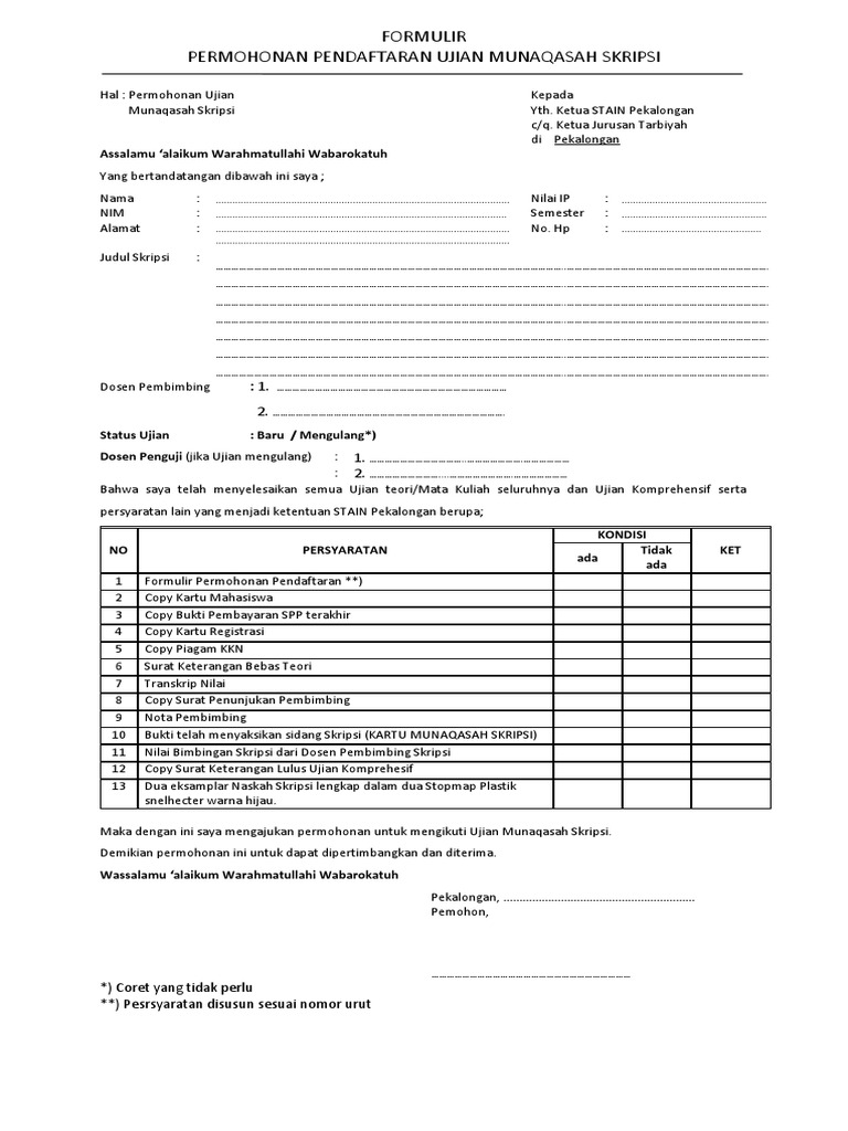 Form Pendaftaran Ujian Munaqosah Skripsi