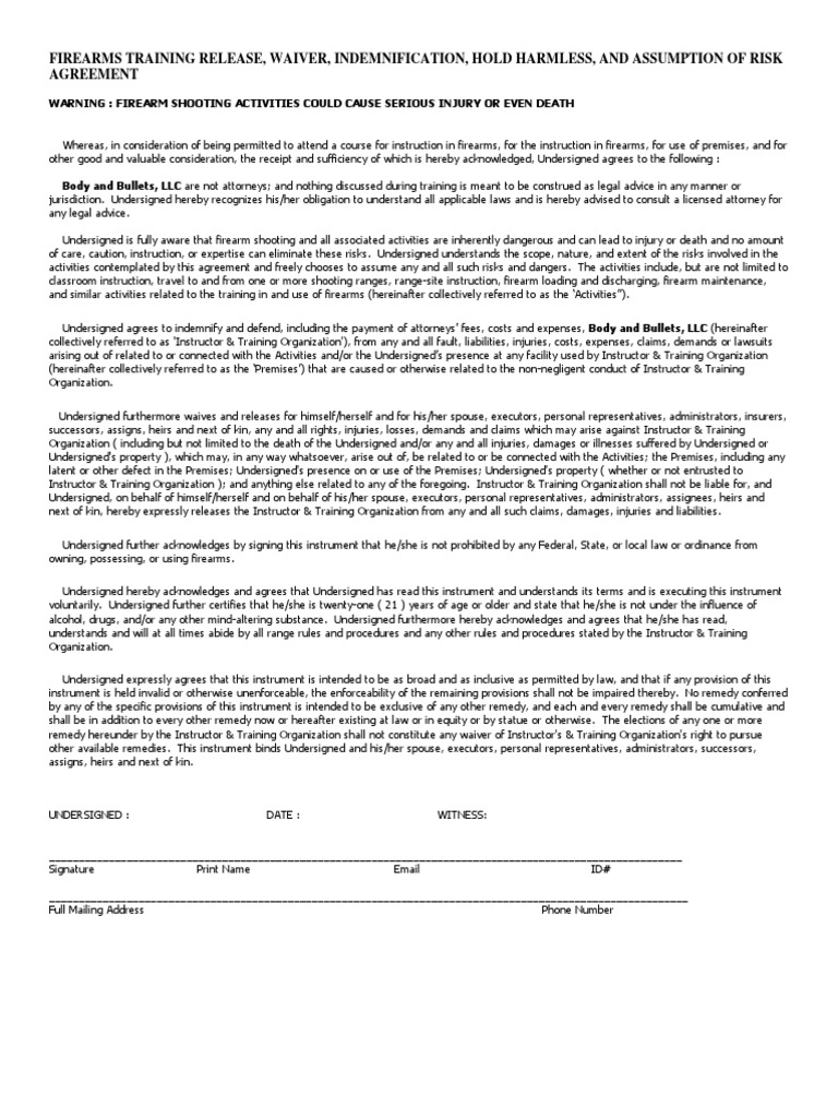 Firearms Training Release PDF Indemnity Civil Law (Legal System)