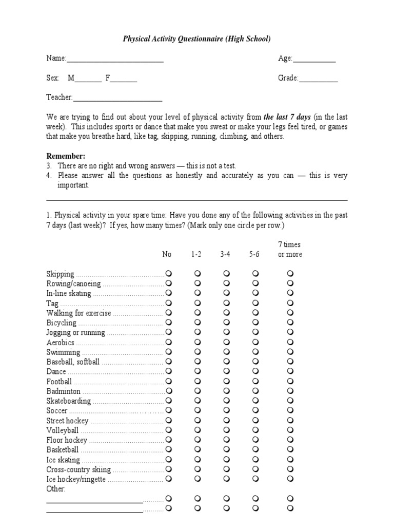 Physical Activity Questionnaire PDF Physical Education Sports