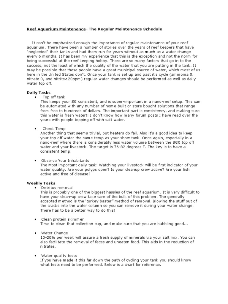 Reef Aquarium Maintenance Schedule | PDF | Aquarium | Coral