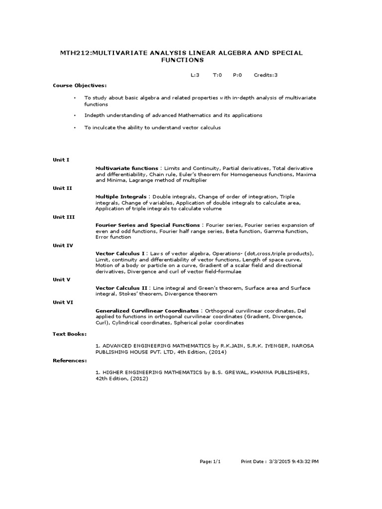 Mth212:Multivariate Analysis Linear Algebra and Special Functions | PDF ...