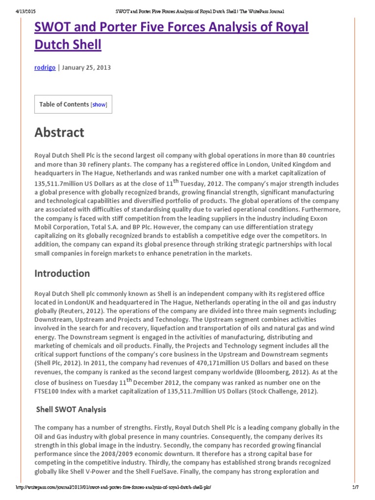 Swot And Porter S Five Analysis For Shell Pdf Royal Dutch Shell