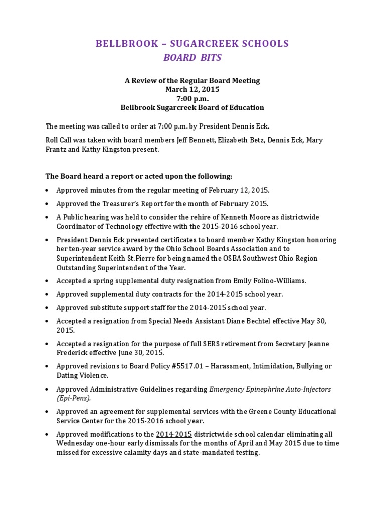 Bellbrook Sugarcreek Schools Board PDF Government Social