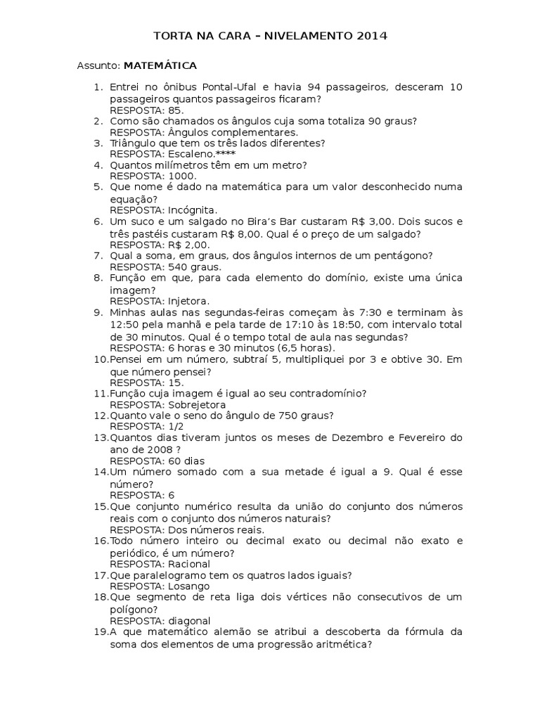 Perguntas de Matemática para Gincana | PDF