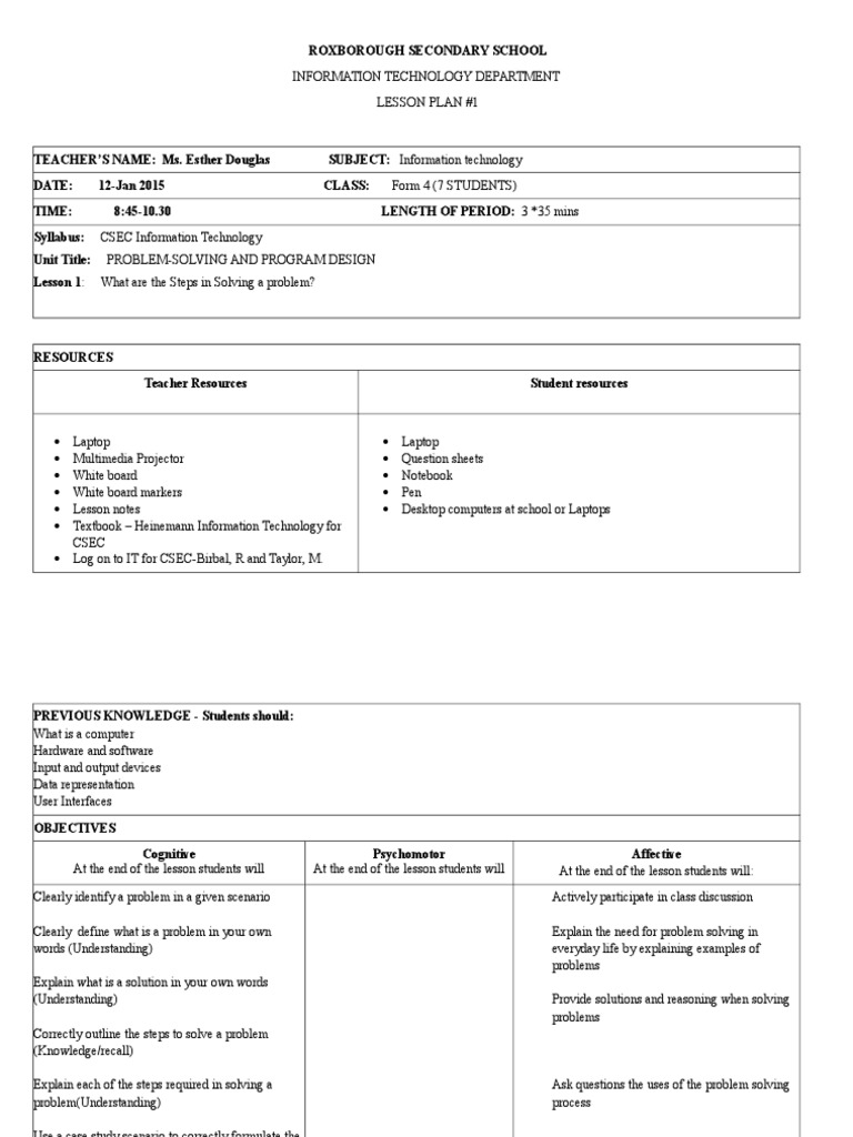 Problem Solving Lesson Plan Overview | PDF | Understanding ...
