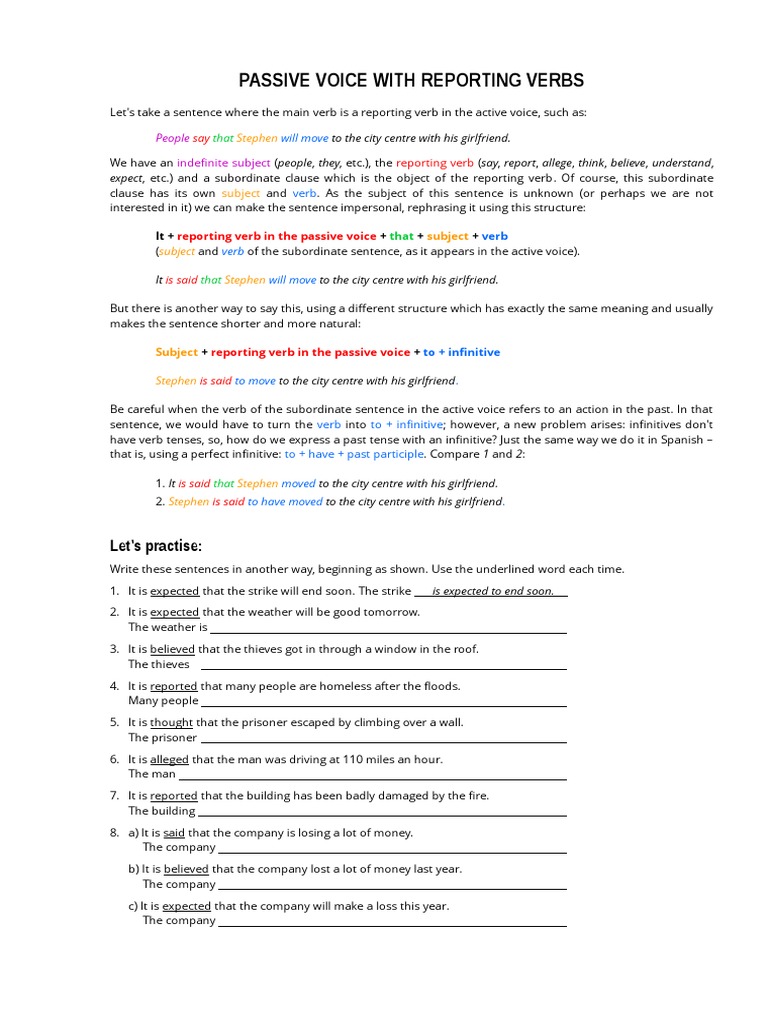 passive voice with reporting verbs verb subject grammar