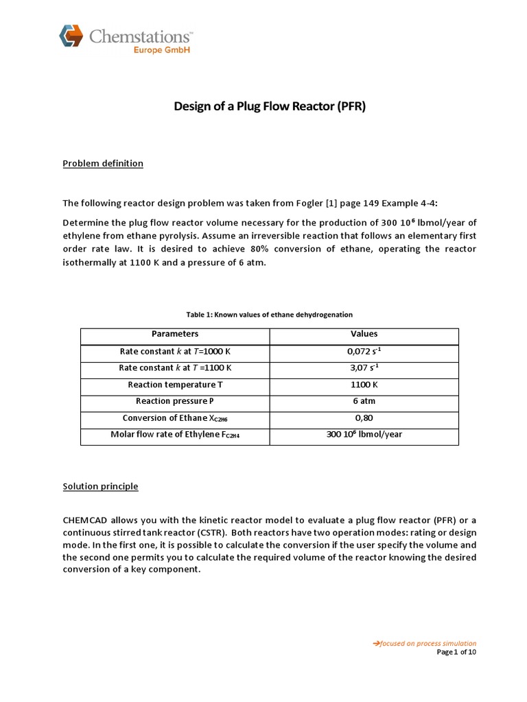 Design of A Plug Flow Reactor (PFR) : Parameters Values | PDF