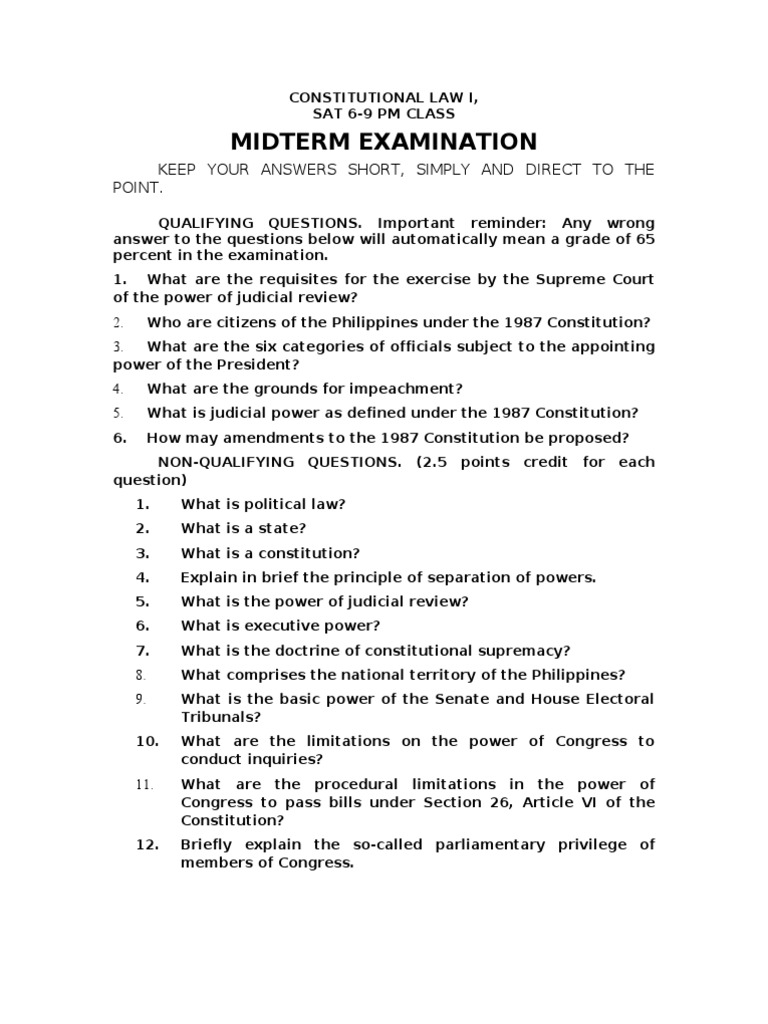 Constitutional Law Midterm Exam Guide | PDF | Standing (Law) | Constitution