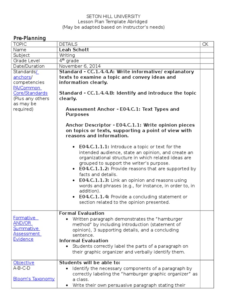 hamburger paragraph lesson plan