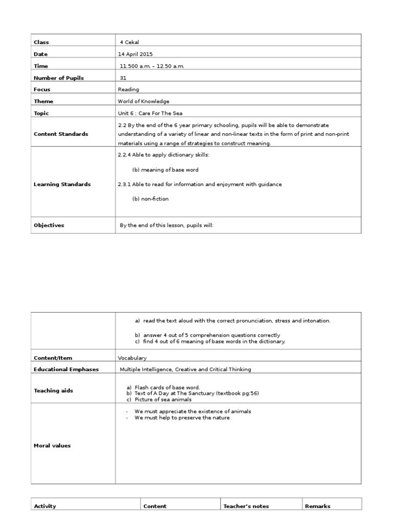 Lesson Plan Reading Year 4 14 April2015 | PDF | Lesson Plan | Reading ...