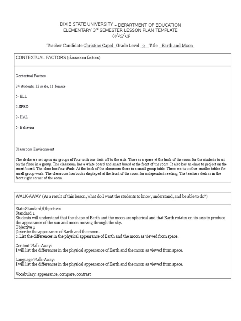 3rd Grade Earth and Moon Lesson Plan | PDF | Classroom | Individualized ...