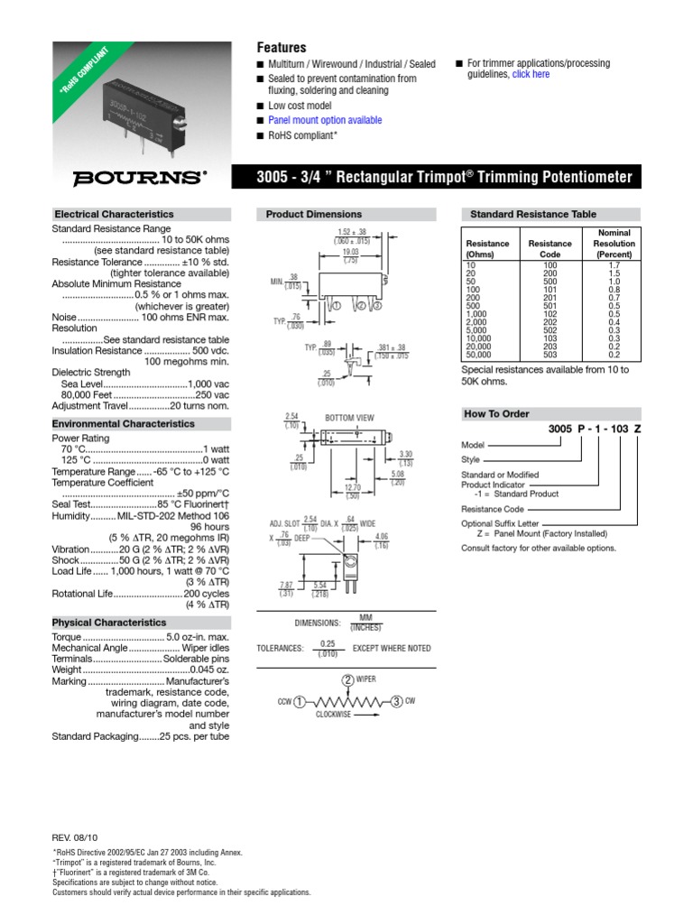 Bourns 3005P 1 502 Datasheet | PDF | Technology & Engineering