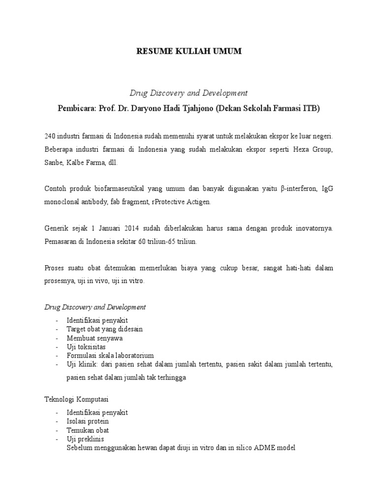 Resume Kuliah Umum Drug Discovery And Development